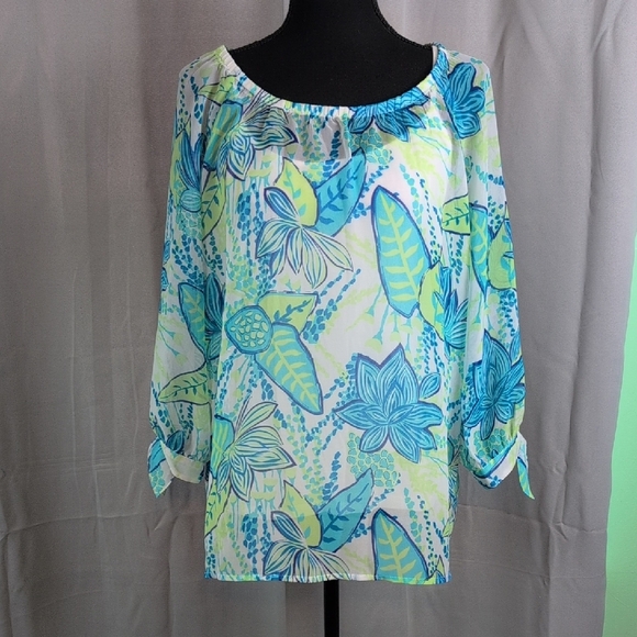 Island Republicโ Relaxed Blue and Green 3/4 Sleeve Blouse - Picture 1 of 9